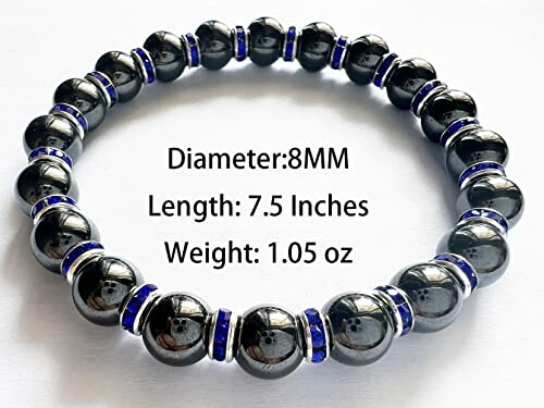 Hematitarmband med blå detaljer och måttangivelser.