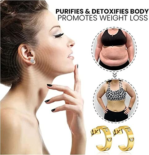 Kvinna med magnetiska örhängen och viktminskningsbilder