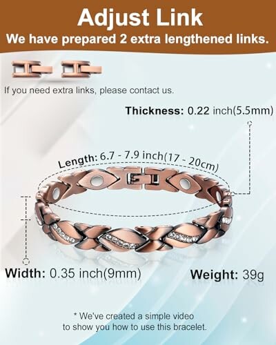 Justerbar länkarmband i roséguld med stenar och mått